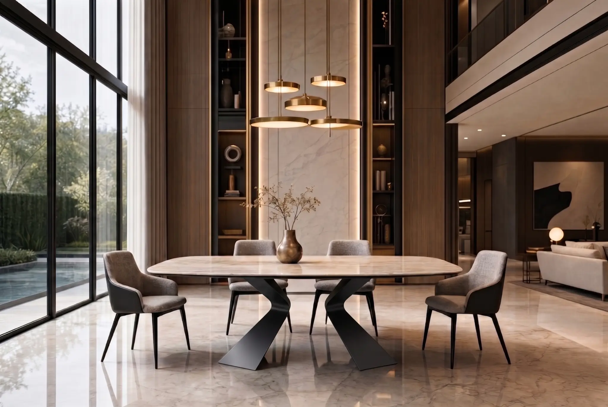 Duo dining table in a refined double-volume interior